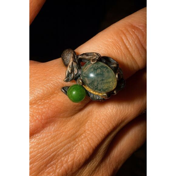 VINTAGE Moss Agate 925 Sterling Silver Artisan Brutalist Ring Sz. 5.25 Gemstone - Picture 9 of 14